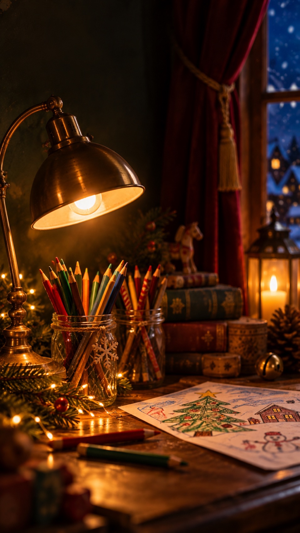 Lápis de cor e desenhos de Natal sobre a mesa iluminada do Atelier