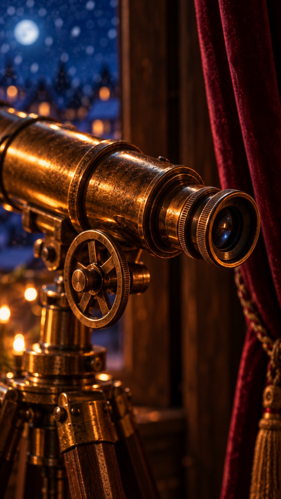 Telescópio dourado junto à janela e às cortinas bordô